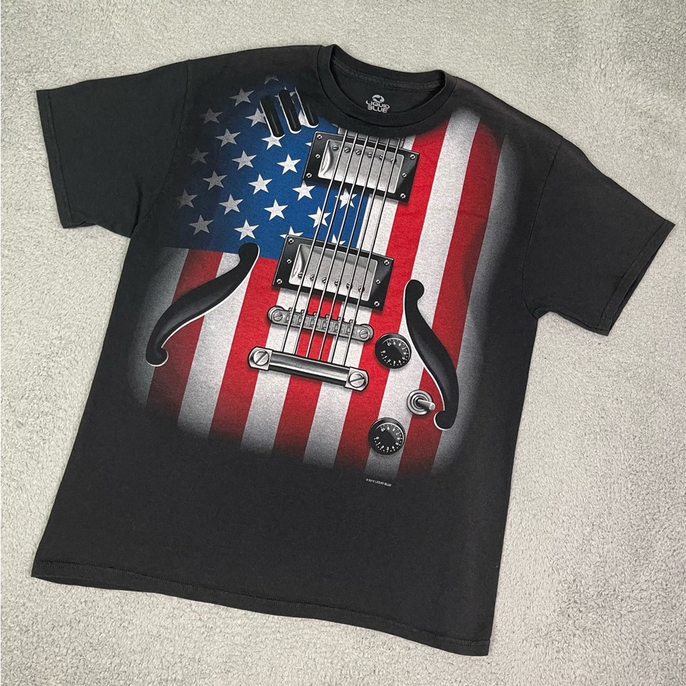 Guitar American flag liquid‎ blue T-shirt